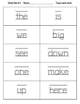 Dolch Words Worksheets: Writing Form - Trace Each Word (10 per page)