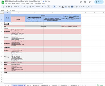 Preview of 23-24 ASCA School Counselor Annual Calendar - Google Sheets
