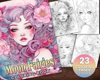 23 Moon Fairies Coloring Page, Adults + kids- Download - Grayscale ...