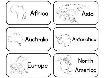 Preview of 23 Printable Black and White Geography Word Flashcards. Continents and Oceans.