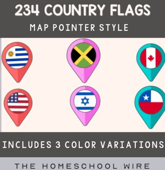 Preview of 234 Country Flags in 3 Colors Aqua, Red and Pink World  Map Marker style design