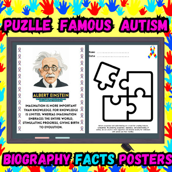 Preview of 24 Autism Awareness Puzzle Piece Activity with Biography FACTS & Posters Clipart