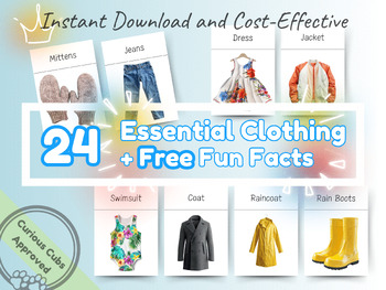 Preview of 24 Essential Clothing with Fun Facts, Montessori Flashcards, Kids Flash Cards
