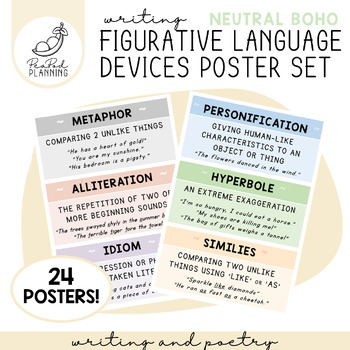 Preview of 24 Figurative Language Devices Posters - Poetry & Writing (Neutral / Boho)