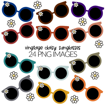 Preview of 24 Groovy Retro Daisy SunglasESs Clipart Flower Power Vintage PNG'S