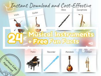 Preview of 24 Musical Instruments with Fun Facts, Montessori Flashcards, Kids Flash Cards