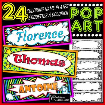 Preview of 24 POP ART Coloring Nameplates - Étiquettes à colorier