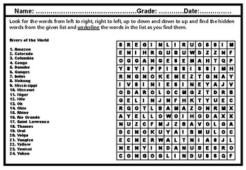 Preview of 24 Rivers of the World Word Search Worksheet, World Rivers Research Project