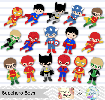 Preview of 24 Superhero Boys Digital Clip Art, Little Boy Superhero Clipart, 00190
