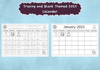 Preview of 24 Tracing and Blank Themed 2025 Calendars. Preschool Handwriting and Numbers