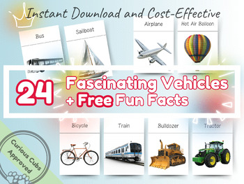 Preview of 24 Vehicle Transportation Montessori Flashcards with Fun Facts, Flash Cards