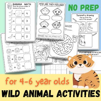 Preview of 24 pages of animal themed printables,math,english & drawing,no prep sub plan