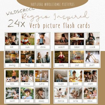 Preview of 24x VERB flashcards - Reggio Emillia| forest school , natural Montessori