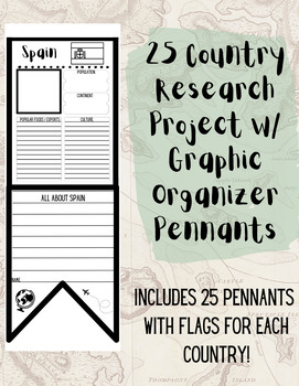 Preview of 25 Country Research Project - Includes 2-Page Pennant Graphic Organizers w/ Flag