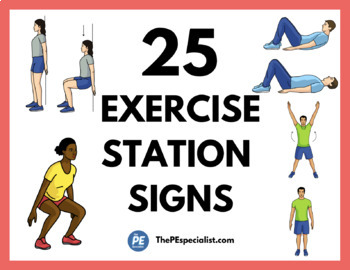25 Exercise Station Signs + 10 One Page Workouts |Exercise Posters Pack|