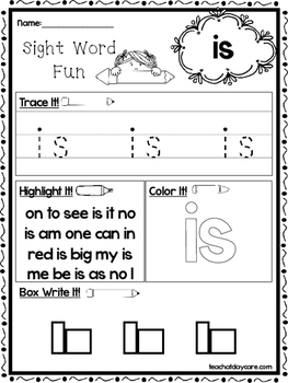 25 fountas and pinnell kindergarten sight word worksheets