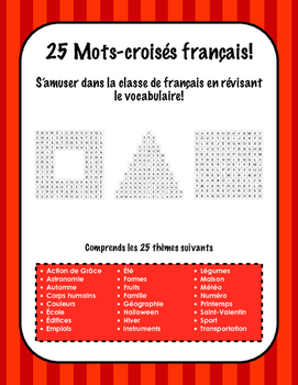 Preview of 25 French Word Search Puzzles - 25 Mots cachés Français!