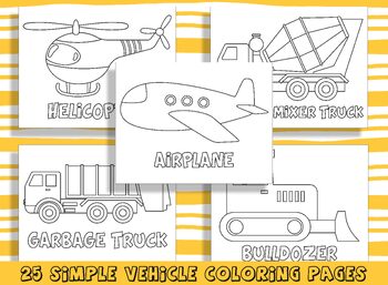Preview of 25 Fun and Easy Vehicles Coloring Pages for Preschool and Kindergarten, PDF File