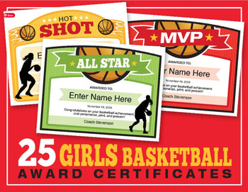 Preview of 25 Girls Basketball Certificates - Editable