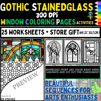 Preview of 25 Gothic stainedglass window coloring pages - 300 Dpi + BONUS