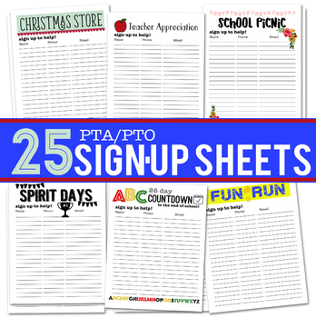 25 PTA/PTO Activity Sign Up Sheets by Katie Hill TpT