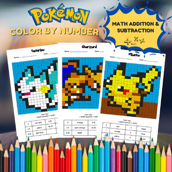Preview of 25 Pokemon Color by Math | Math Addition, Math Subtraction | Color by Number