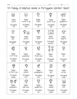 Preview of 25 Portuguese Family & Relative Words Content Sheet, Worksheet and Answer Key