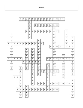 25 Question Harry Potter Half Blood Prince Crossword with Key TPT
