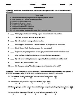 Preview of 25-Question Multiple Choice Commas Quiz