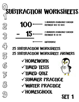 Preview of 25 Subtraction Worksheets, Answers Large Font, 2- and 3-Digit - Set 1