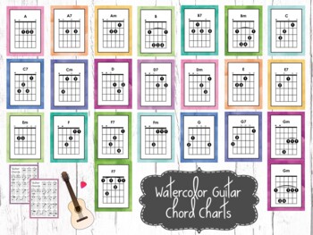 Preview of 39 Watercolor Guitar Chord Wall Charts. Music Composition and Appreciation.