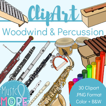 Preview of Woodwind & Percussion Instrument Clipart {with Orff instruments!} Color + B&W