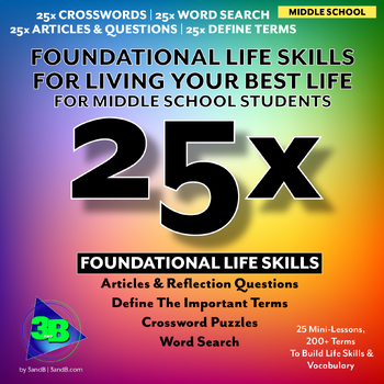 Preview of 25x Foundational Life Skills Middle School- Article, Crossword, Word Search, Qs