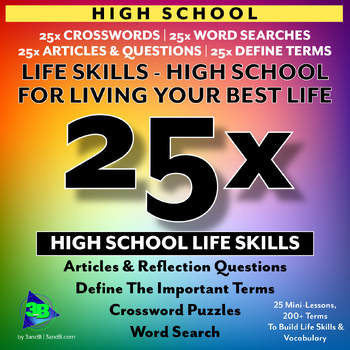 Preview of 25x Life Skills-HS: 25x Articles/Qs, 25x Terms, 25x Crossword, 25x Word Search
