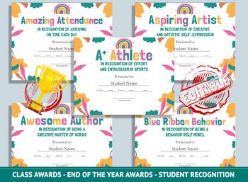 Preview of 26 Editable End of Year Classroom Awards, Student Recognition Templates