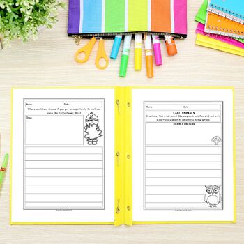 Fall writing prompts for kids on a folder