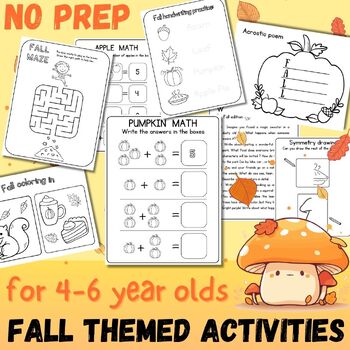 Preview of 27 pages of fall themed printables,math,english & drawing for autumn sub plan