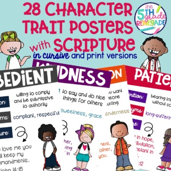 Preview of 28 Character Trait Posters  with Bible Verses Scripture print and cursive