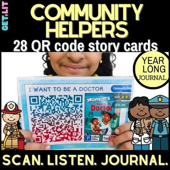 Preview of 28 Community Helpers QR code story read-alouds for Listening center | worksheets