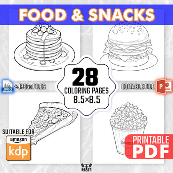 Preview of 28 Food & Snacks Coloring Pages for Kids and Adults