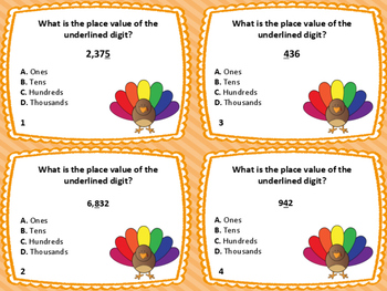 Preview of 28 Thanksgiving Place Value Task Cards: Ones, Tens, Hundreds, Thousands: Gr. 2-3