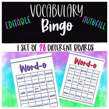 Preview of 28 Vocabulary BINGO card set EDITABLE AUTOFILL Science Social Studies ELA Math