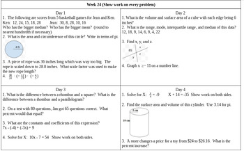 Preview of 28 Weeks of Spiral 7th Grade Math Worksheets (Ohio Standards)
