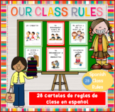 28 posters of classroom rules in Spanish.