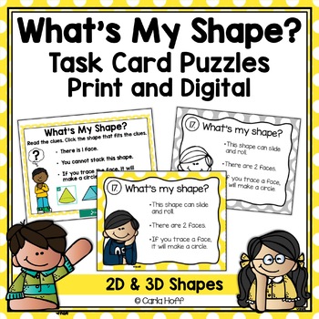 Preview of Identify 2D and 3D Geometric Shapes by Attributes Task Card Riddles Grade 2