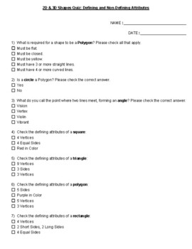 Preview of 2D & 3D Shape Quiz: Defining and Non-Defining Attributes