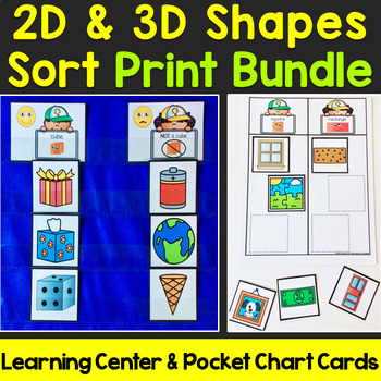 Preview of 2D & 3D Shapes Sort Center & Cards Print Shape Sorting Activities Bundle