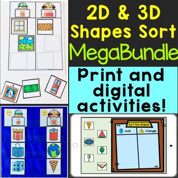 Preview of 2D & 3D Shapes Sort Print & Digital Shape Sorting Activities Centers Boom Cards