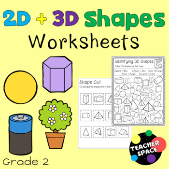 Preview of 2D + 3D Shapes Worksheets for Grade 2