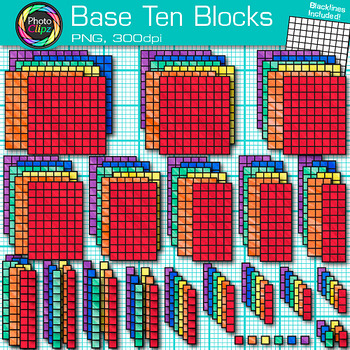 Preview of 2D Base Ten Block Clipart: Flat Place Value Math Clip Art, Transparent PNG B&W
